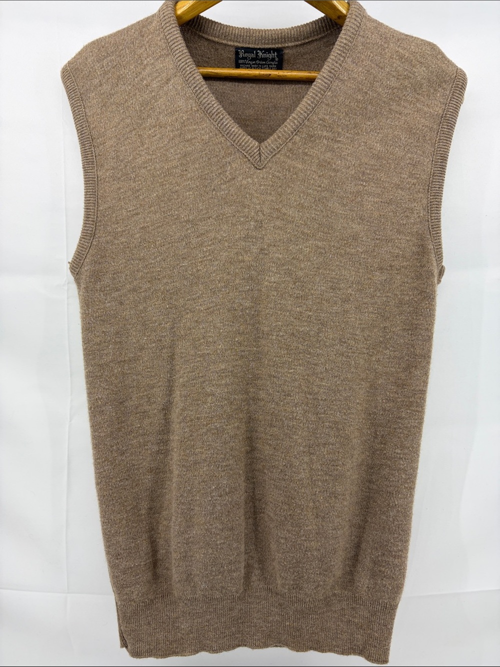 Vintage Mens Royal Knight Classic Camel-colored V-Neck Vest Sweater, sz M